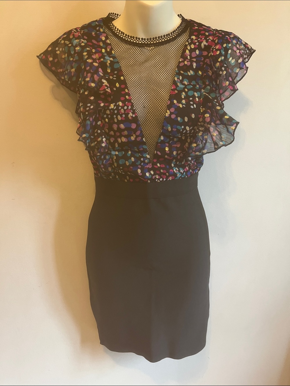 WOW couture Black Mini Dress with Multicolor Dot Print Deep V Mesh Plunge